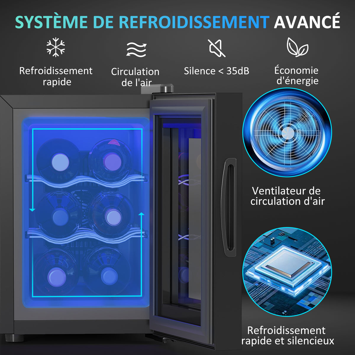 Cave à vin 6 bouteilles 17L haute performance température réglable 8-18° avec lumière LED panneau contrôle tactile noir