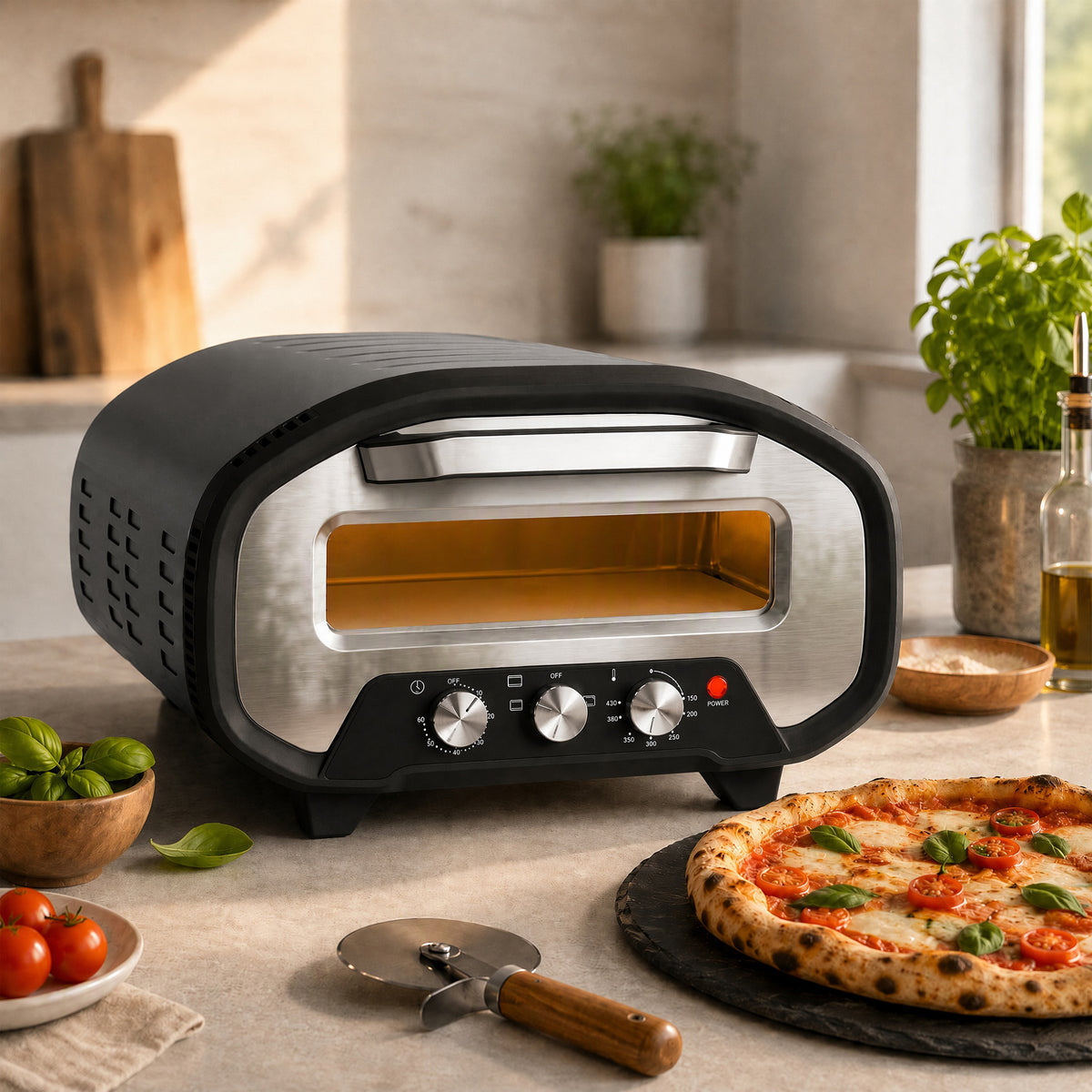 Four à Pizza Électrique d'Intérieur 2200 W jusqu'à 430°C, Pierre en Céramique Ø30,5 cm, Minuteur 60 min, Noir