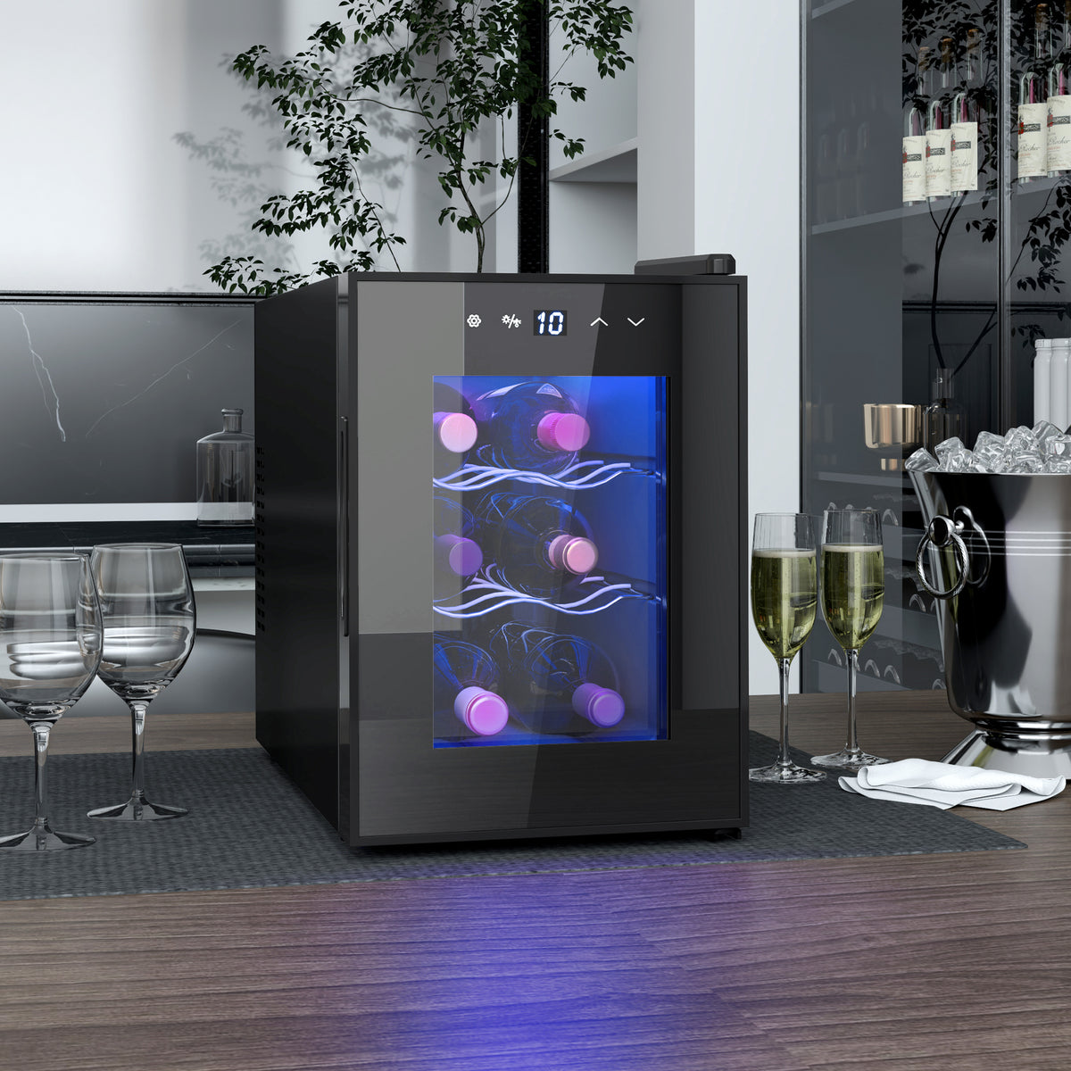 Cave à vin 6 bouteilles 17L haute performance température réglable 8-18° avec lumière LED panneau contrôle tactile noir