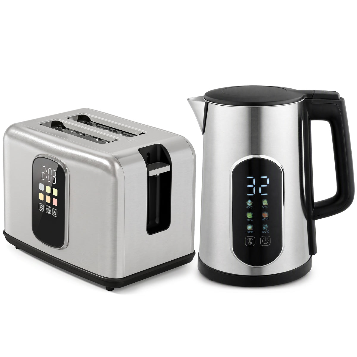 Ensemble Bouilloire et Grille-Pain en Inox, Bouilloire 2200W 1,5L, Grille-Pain 2 Tranches, Écran Tactile LED, Argenté