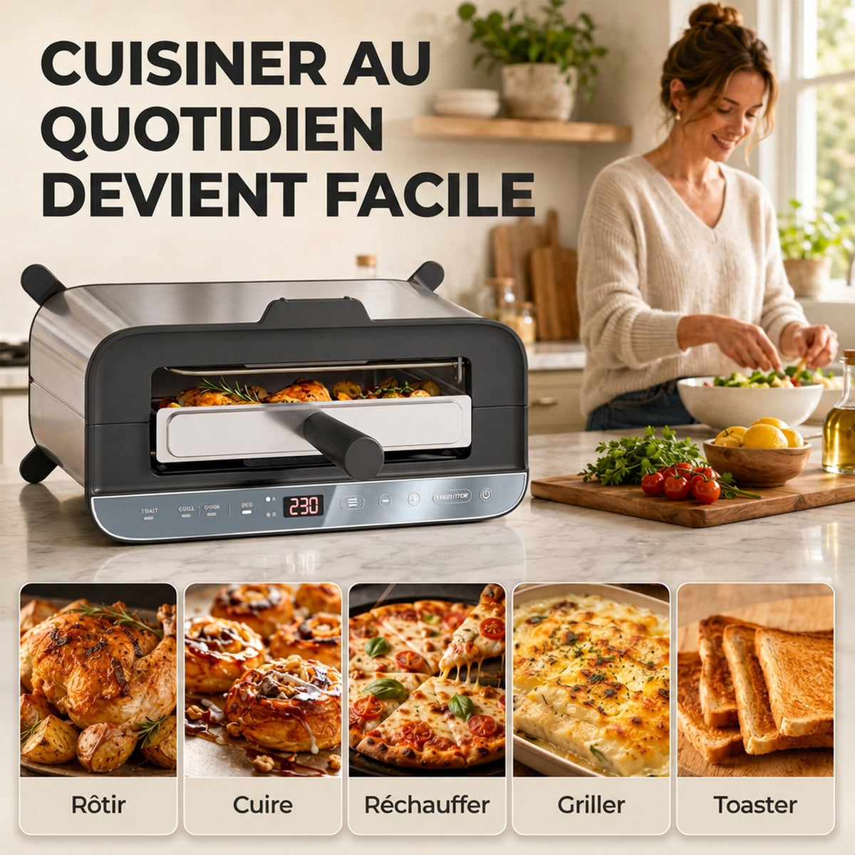 Mini-Four Électrique 3-en-1 1700 W, Grille-Pain à Fente Longue, Gril de Table 4,9L, Écran LED, Minuterie 60 min, Argenté