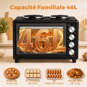 Mini-Four avec 2 Plaques de Cuisson et Broche Rotative 46L 2850 W, Four à Convection Multifonction, Minuterie, Noir