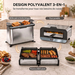 Mini-Four Électrique 3-en-1 1700 W, Grille-Pain à Fente Longue, Gril de Table 4,9L, Écran LED, Minuterie 60 min, Argenté