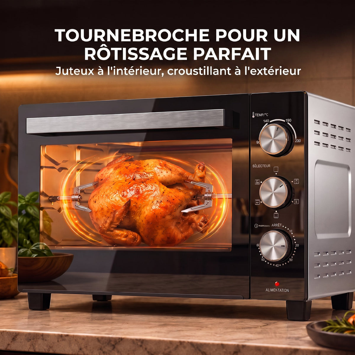 Mini-Four avec Broche Rotative 36L 1500 W, Four à Convection Multifonction, Chaleur Tournante, Minuterie 60 min, Argenté