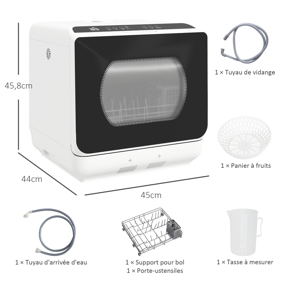 Mini lave-vaisselle 4 couverts 5 programmes réservoir d'eau 6L commande tactile affichage LED 45 x 44 x 45,8 cm blanc