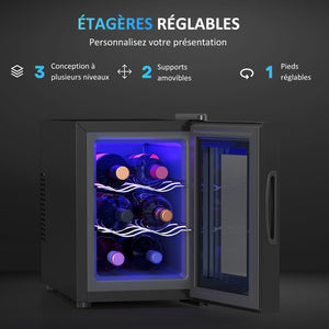 Cave à vin 6 bouteilles 17L haute performance température réglable 8-18° avec lumière LED panneau contrôle tactile noir