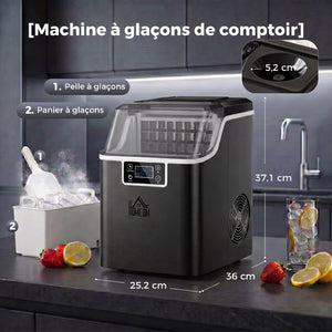 Machine à glaçons, 20 kg en 24h, 24 glaçons en 14-18 min, ice maker avec fonction autonettoyante, 25,2x36x37,1cm, noir