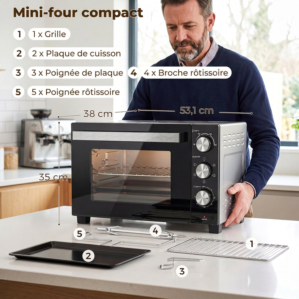 Mini-Four avec Broche Rotative 36L 1500 W, Four à Convection Multifonction, Chaleur Tournante, Minuterie 60 min, Argenté