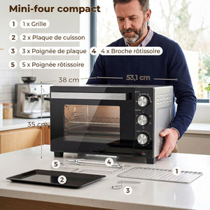 Mini-Four avec Broche Rotative 36L 1500 W, Four à Convection Multifonction, Chaleur Tournante, Minuterie 60 min, Argenté