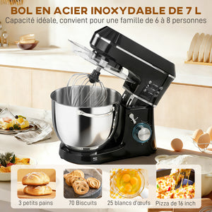 Robot Pâtissier 1400 W, Robot Pétrin Professionnel 7 L avec 6+P Vitesses, Crochet Pétrisseur, Noir