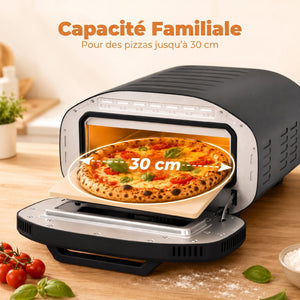 Four à Pizza Électrique d'Intérieur 2200 W jusqu'à 430°C, Pierre en Céramique Ø30,5 cm, Minuteur 60 min, Noir