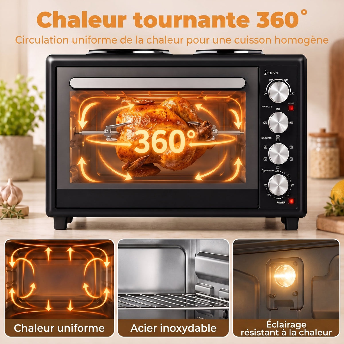 Mini-Four avec 2 Plaques de Cuisson et Broche Rotative 46L 2850 W, Four à Convection Multifonction, Minuterie, Noir