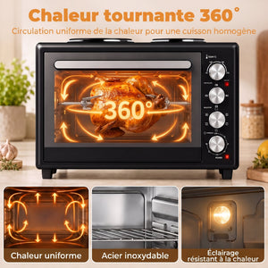 Mini-Four avec 2 Plaques de Cuisson et Broche Rotative 46L 2850 W, Four à Convection Multifonction, Minuterie, Noir