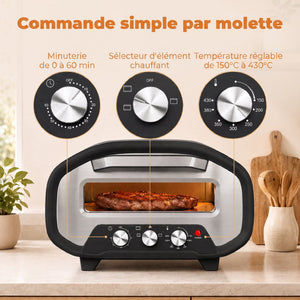 Four à Pizza Électrique d'Intérieur 2200 W jusqu'à 430°C, Pierre en Céramique Ø30,5 cm, Minuteur 60 min, Noir