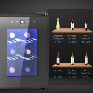 Cave à vin 6 bouteilles 17L haute performance température réglable 8-18° avec lumière LED panneau contrôle tactile noir