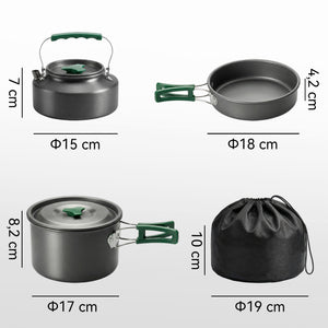 Kit de Casseroles Camping en Aluminium 11 Pcs, avec Sac de Rangement et Poignées Anti-Brûlures, Ø19x10cm, Gris