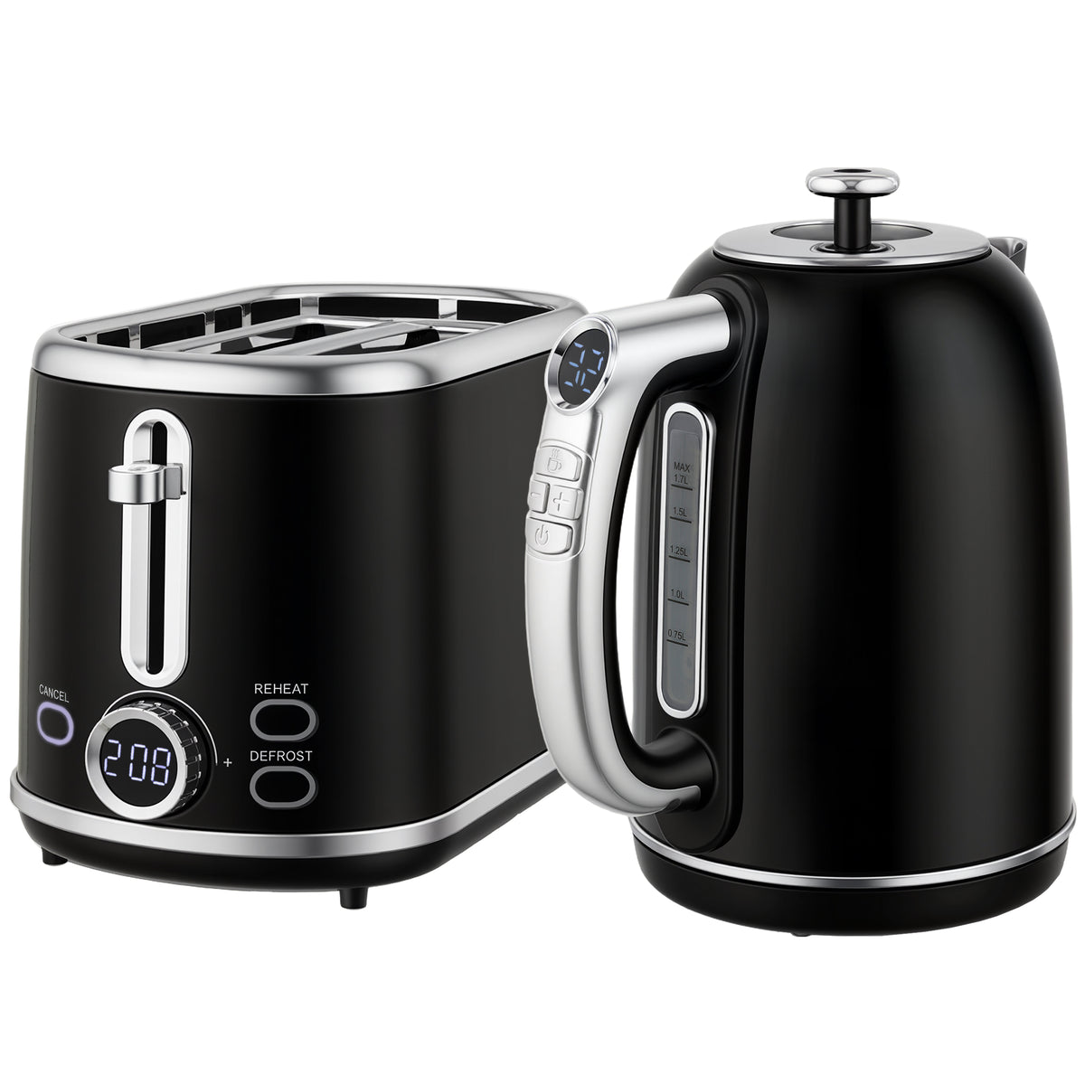 Ensemble bouilloire et grille-pain, bouilloire en acier inoxydable 1,7 L et 2200 W et grille-pain à 2 tranches, noir-0