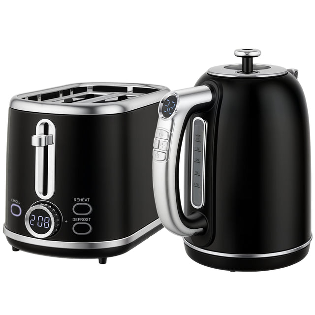 Ensemble bouilloire et grille-pain, bouilloire en acier inoxydable 1,7 L et 2200 W et grille-pain à 2 tranches, noir-0