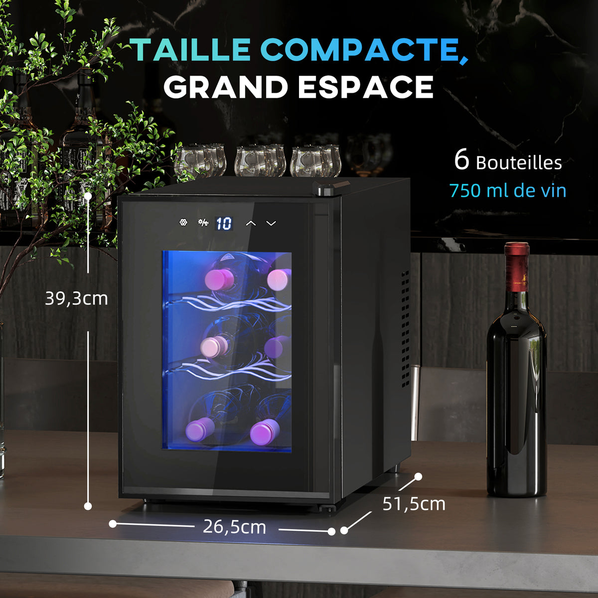 Cave à vin 6 bouteilles 17L haute performance température réglable 8-18° avec lumière LED panneau contrôle tactile noir