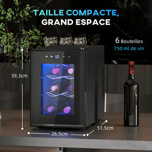 Cave à vin 6 bouteilles 17L haute performance température réglable 8-18° avec lumière LED panneau contrôle tactile noir