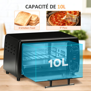 Mini four électrique 10L 1 grille et 1 plateau, température réglable de 100°C à 230°C, Minuteur 60 min, 36,5x26x22 cm