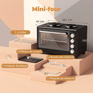 Mini-Four avec 2 Plaques de Cuisson et Broche Rotative 46L 2850 W, Four à Convection Multifonction, Minuterie, Noir