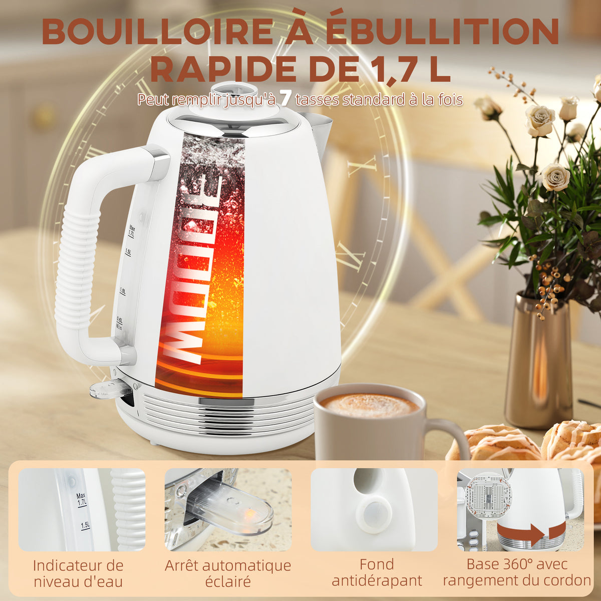 Ensemble bouilloire et grille-pain, bouilloire en acier inoxydable 1,7 L et 2200 W et grille-pain à 4 tranches, blanc