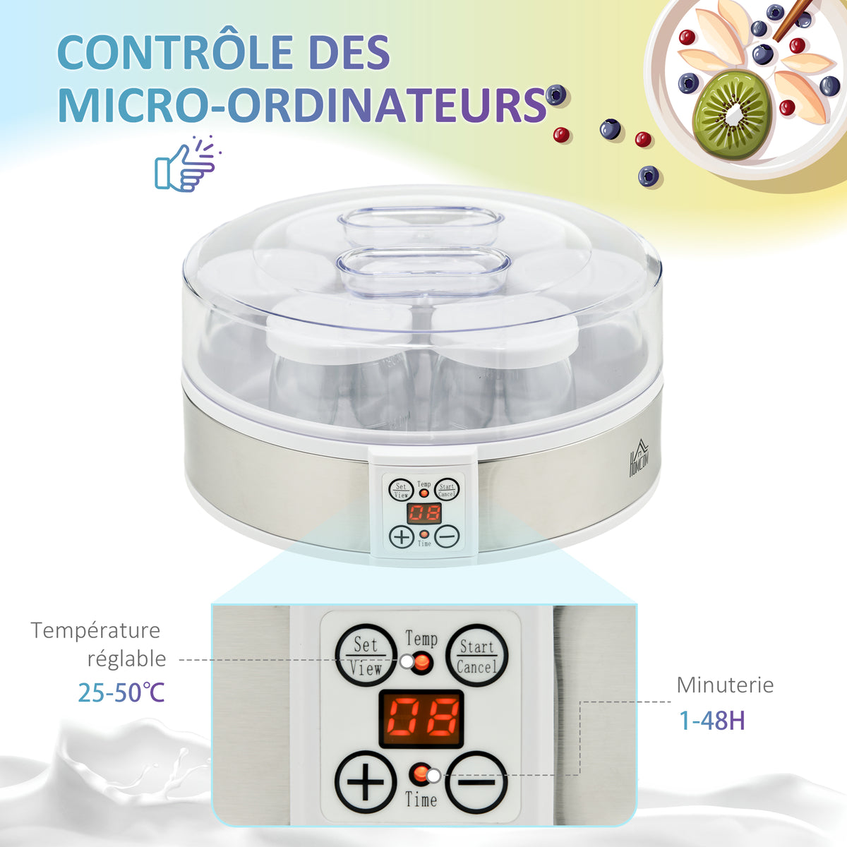 Yaourtière 7 pots de 180ml machine à yaourt électrique en acier inoxydable thermostat réglable 24 x 24 x 13 cm blanc